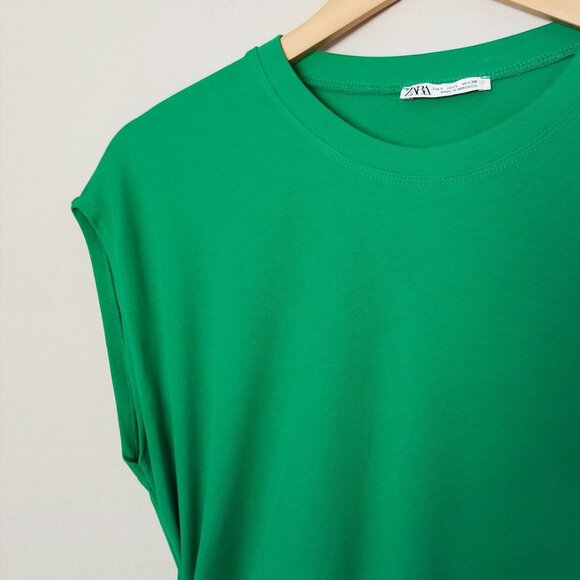 Zara Ribbed Knit Crew Neck Ruched Gathered Midi Dress L Cap Sleeves Kelly Green - Picture 6 of 12